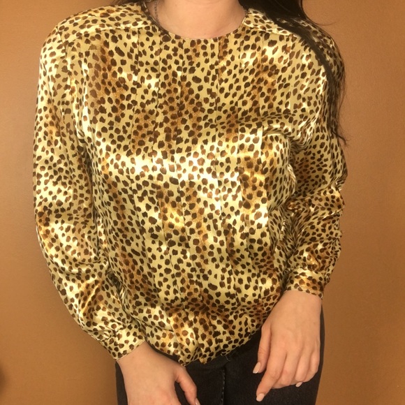 Vintage Tops - VINTAGE / Cheetah Print + Gold Blouse